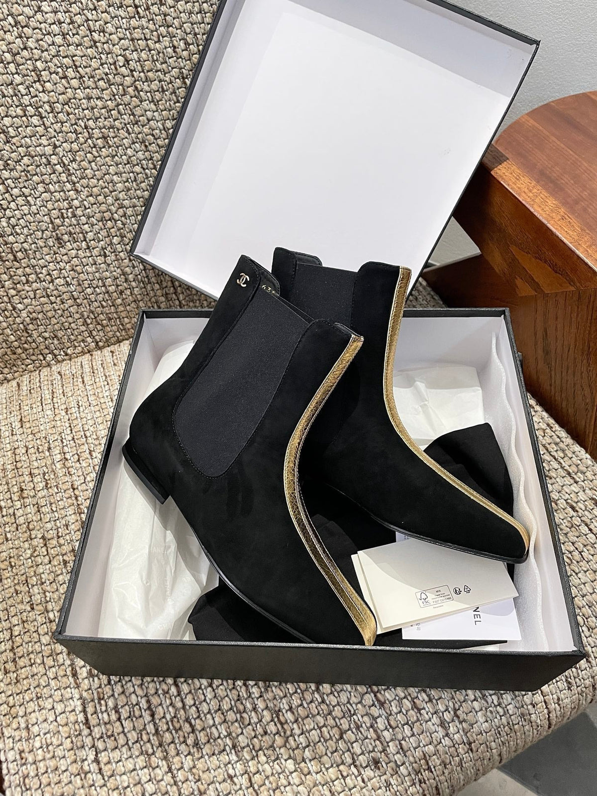 Chanel 26s Ankle Boots Black Suede Contrasting Gold Tone Trim