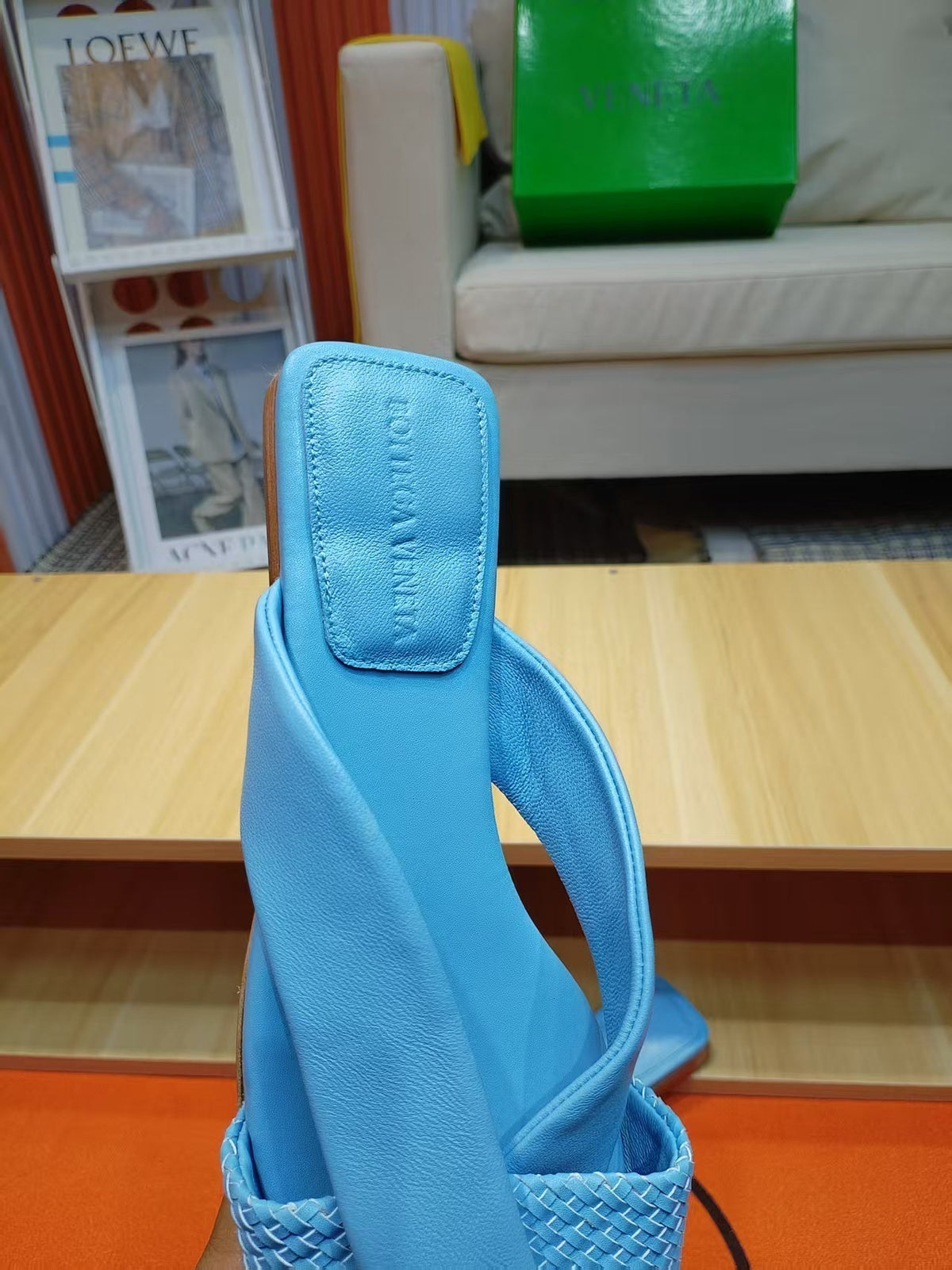 BV Riva Sandals Flat Woven Blue Leather 139881