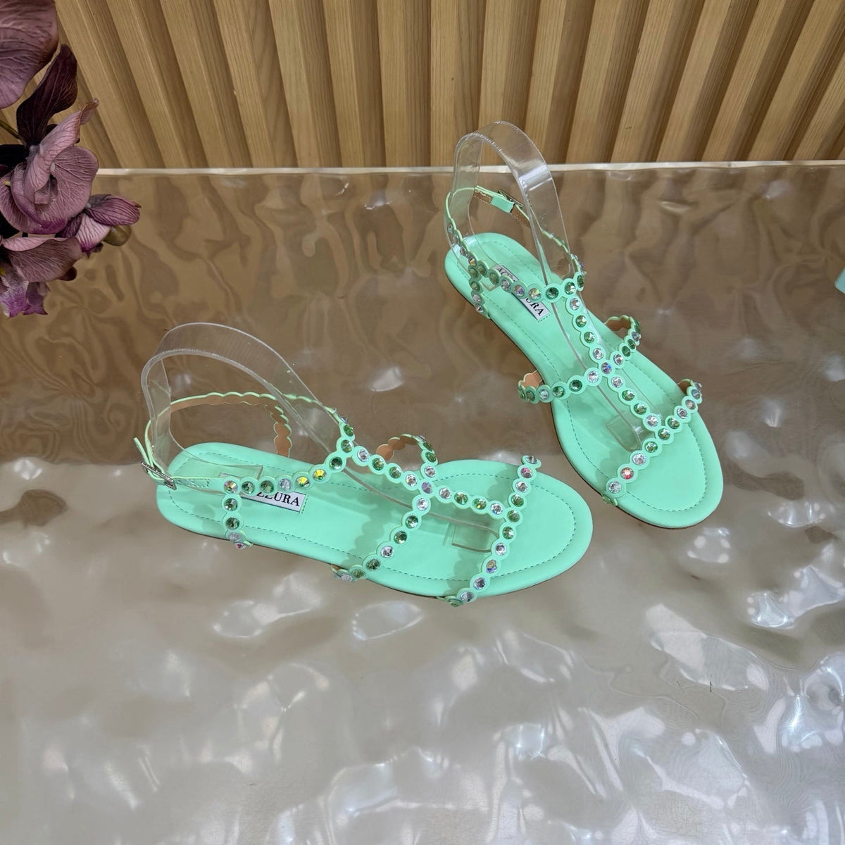 Aquazzura 26s Flat Sandals Mint Green Calfskin Crystal Embellished 694215