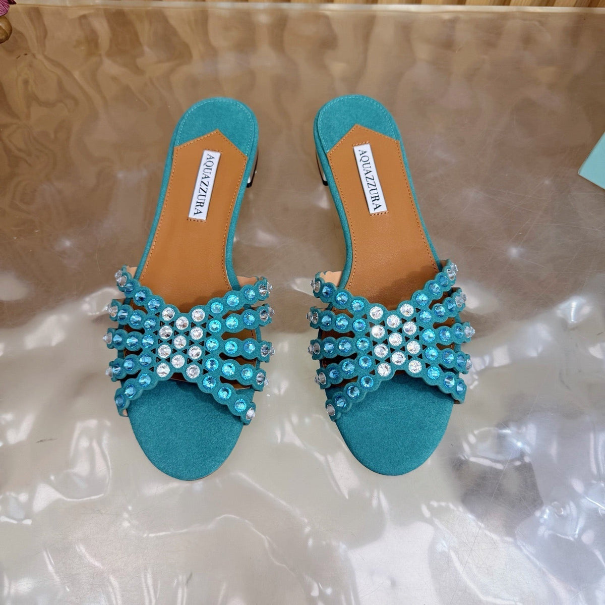 Aquazzura 26s Slides Emerald Green Suede Crystal-Embellished Straps 629154