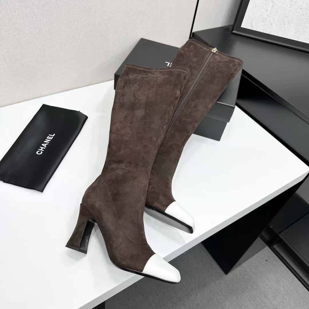 CC Bicolor Cap-Toe High Boots 8.5cm Dark Brown Stretch Suede