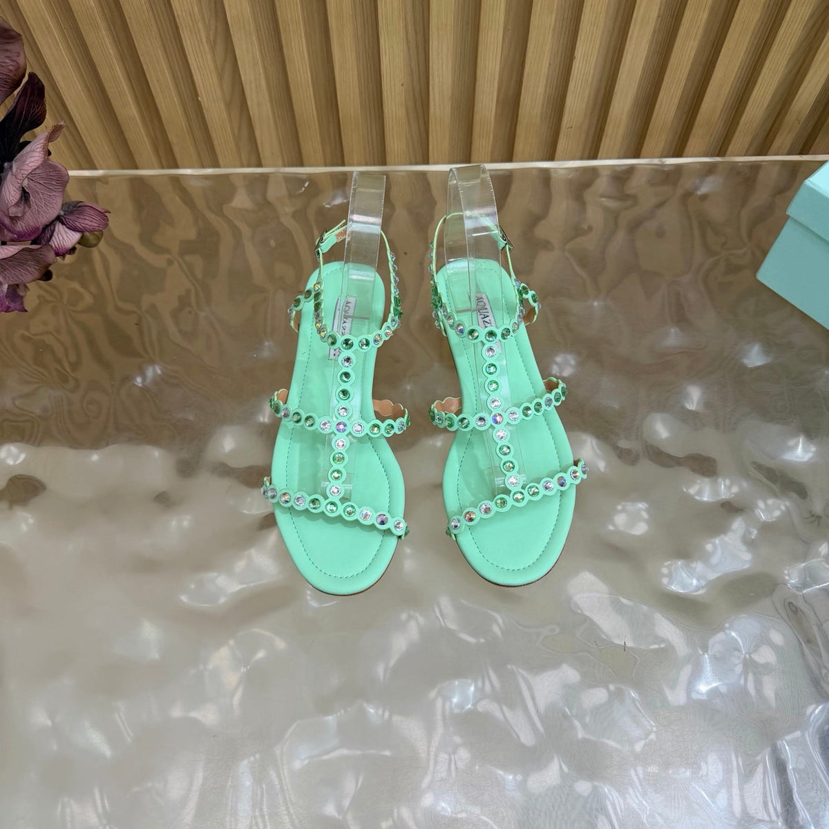 Aquazzura 26s Flat Sandals Mint Green Calfskin Crystal Embellished 694215