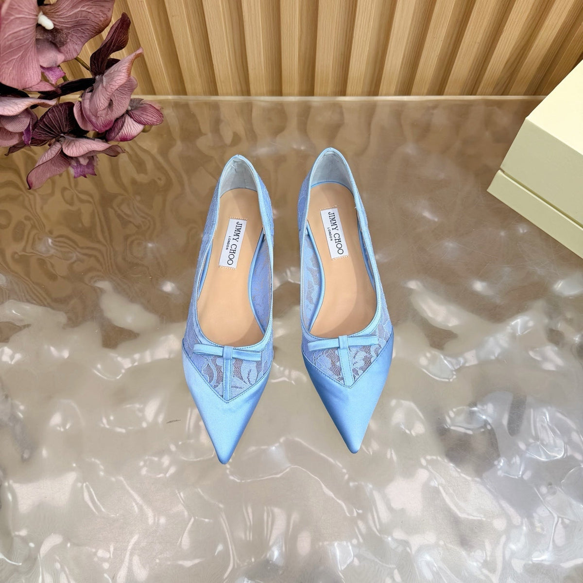 Jimmy Choo 26S Flats Sky Blue Lace And Satin 914835
