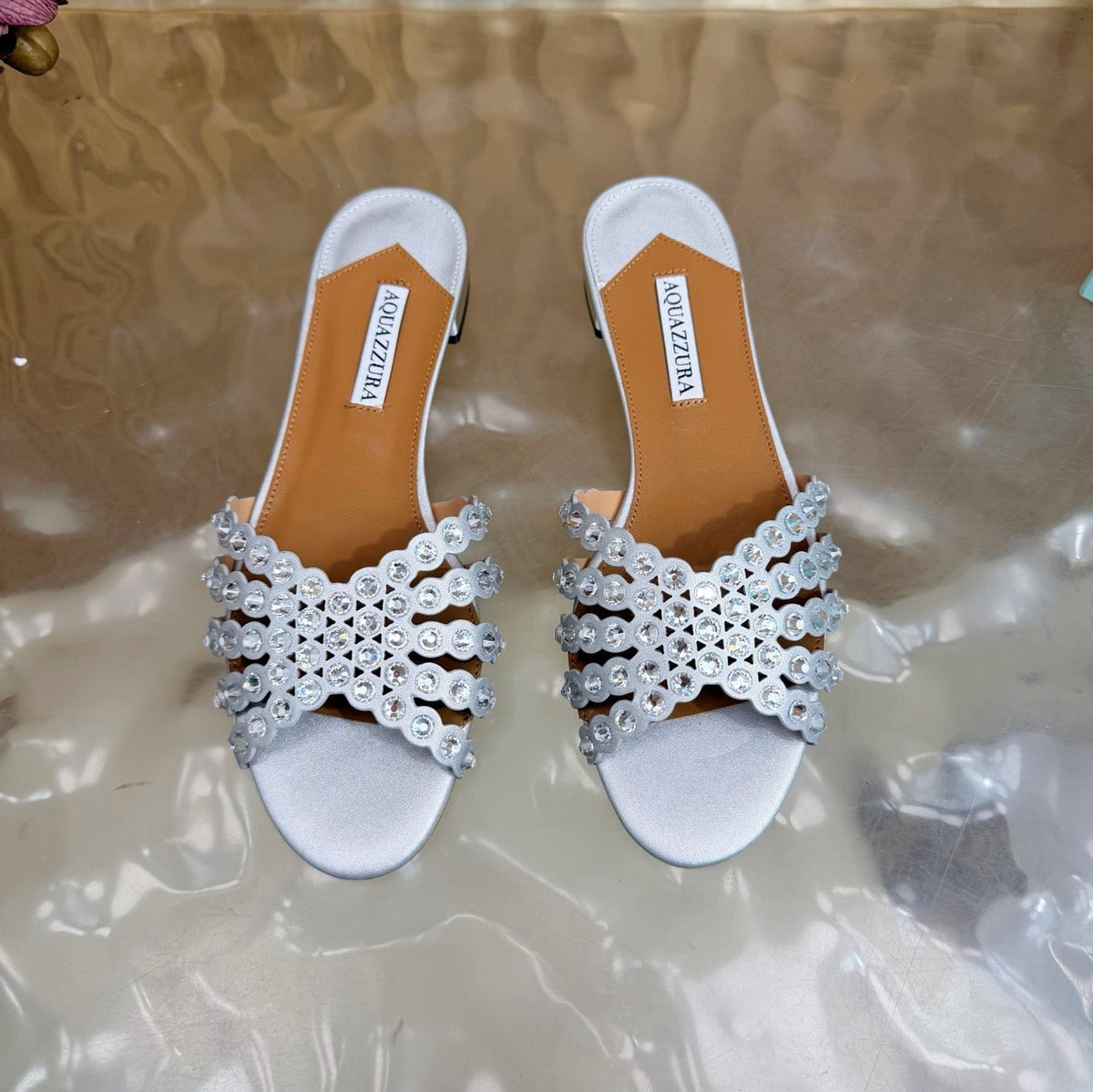 Aquazzura 26s Slides Silver Calfskin Crystal-Embellished Straps 729415