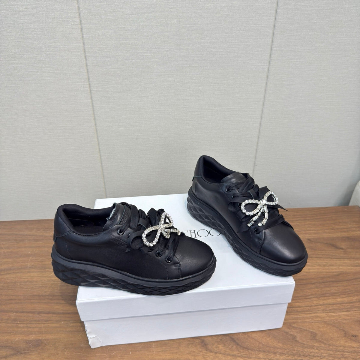 Jimmy Choo 26S Sneakers 5.5cm Black Calfskin With Crystal Bow 472915