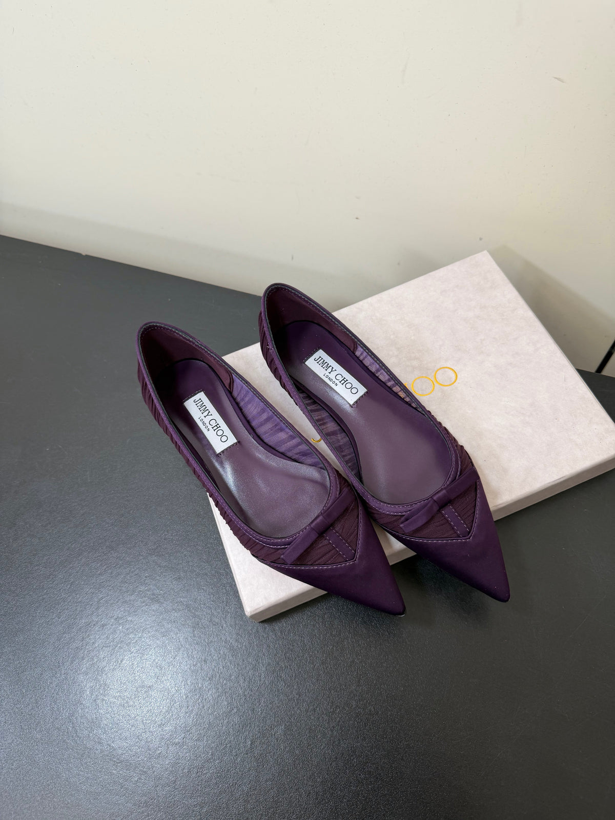 Jimmy Choo 26S Pointed-Toe Flats Dark Purple Satin 849312