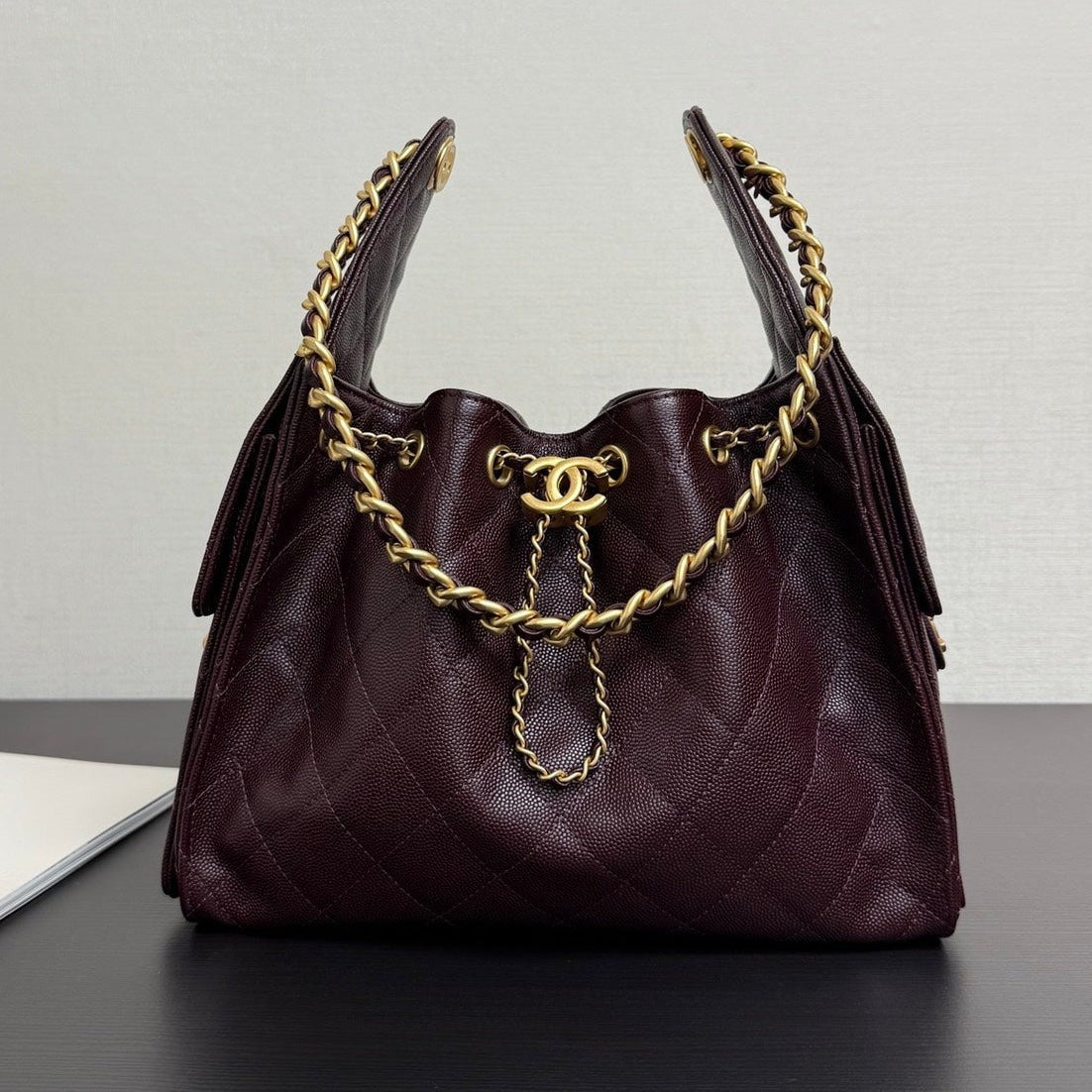 Chanel 2026 Hobo Bag Burgundy Gold Caviar Calfskin