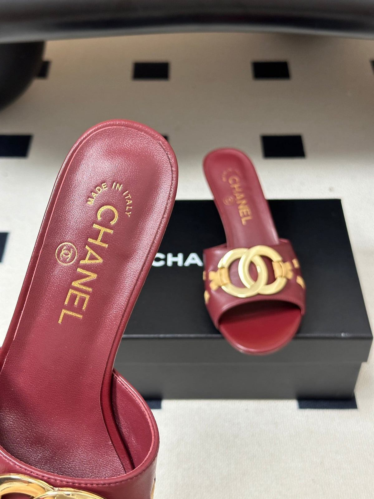 CC 26S High Heel Mule in Red Lambskin with Gold-Tone CC Logo