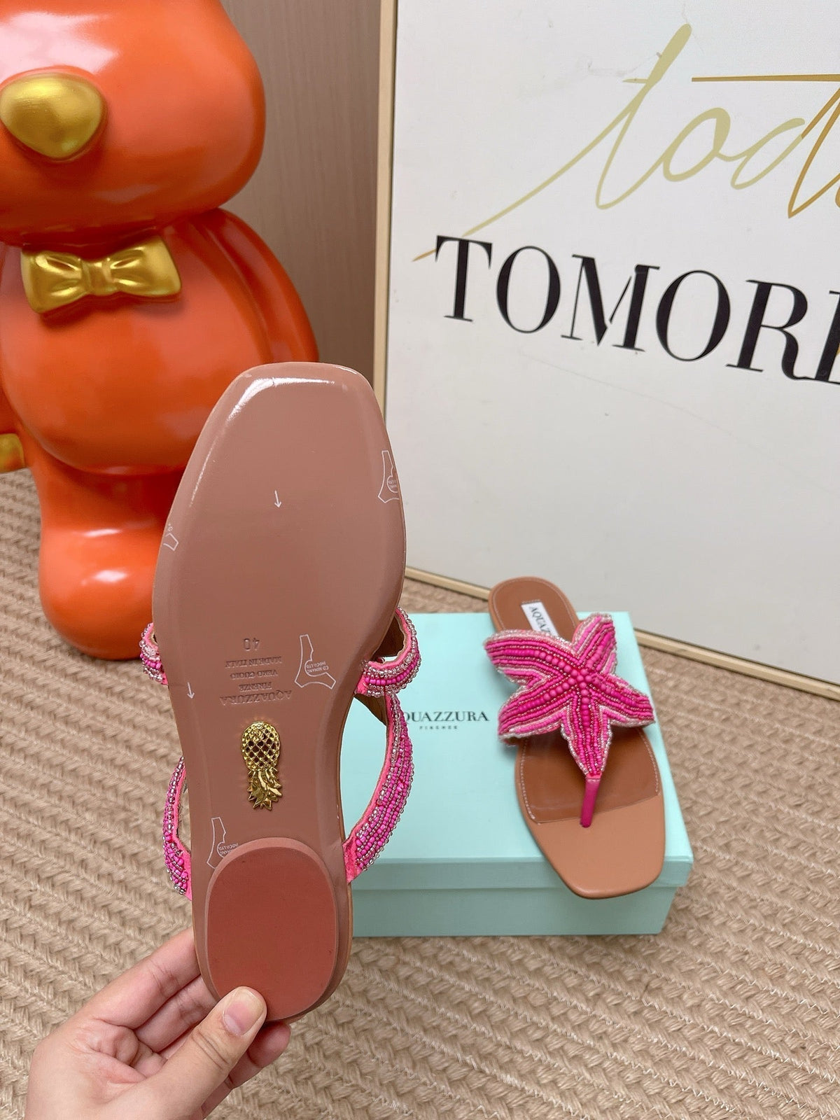 Aquazzura 26s Starfish Beaded Thong Sandals Pink And Brown Lambskin 839205