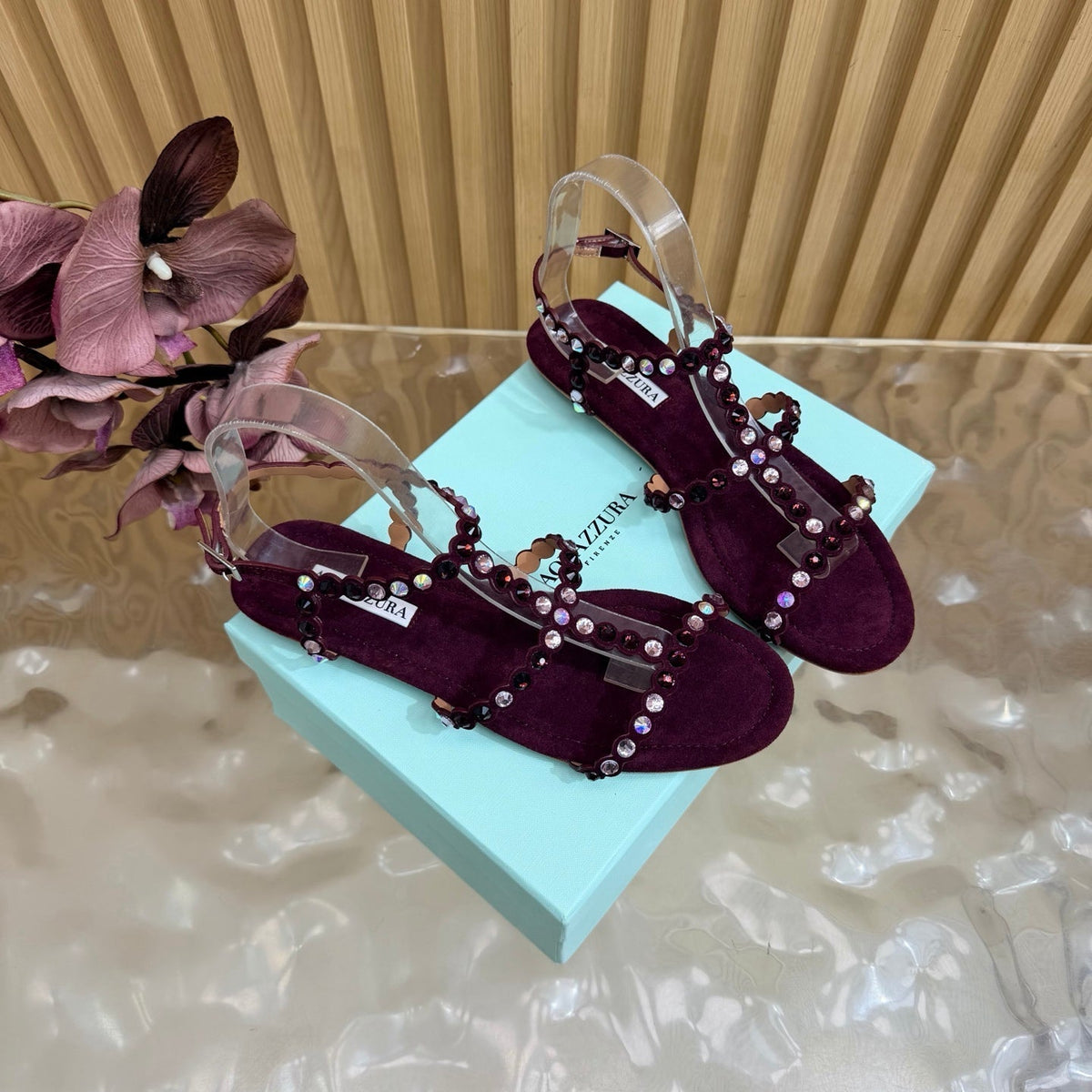 Aquazzura 26s Flat Sandals Burgundy Suede Crystal Embellished 482159