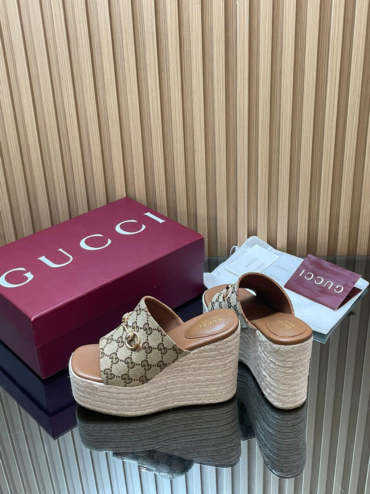 Gucci 26S Wedge Sandals 11Cm In Beige Canvas GG Monogram