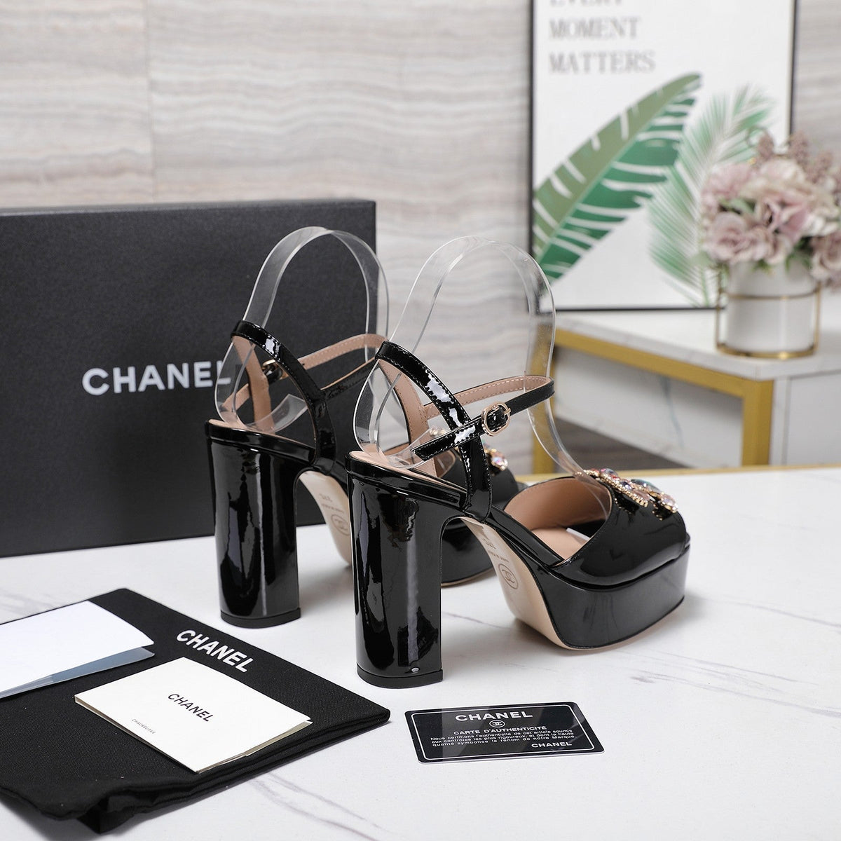 CC 26FW Platform Sandals Rhinestone Logo 11cm Black Patent Leather 170610