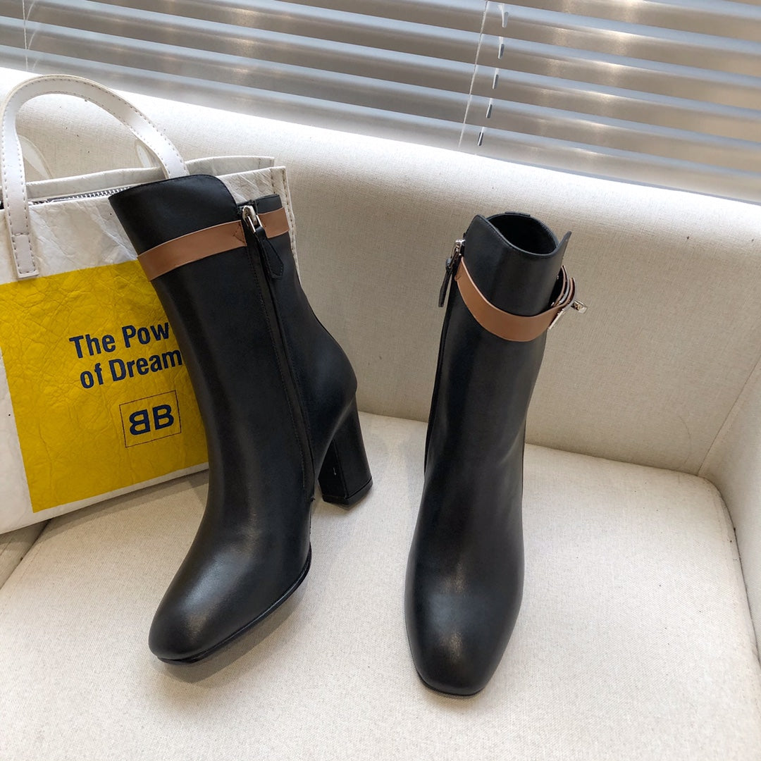 HM Classic Kelly High-Heeled Boots Brown Black Cowhide 546216