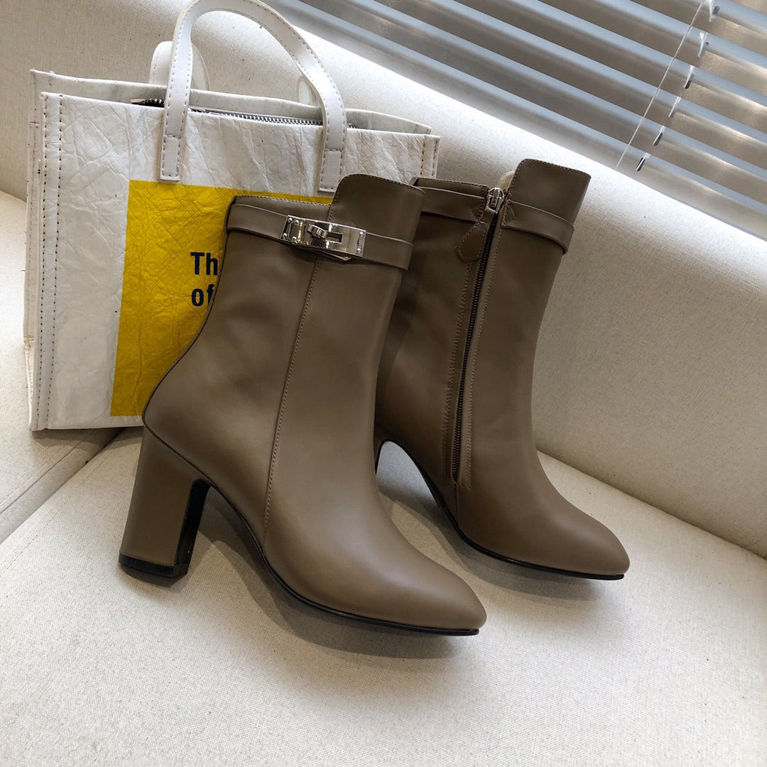 HM Classic Kelly High-Heeled Boots Brown Taupe Cowhide 546203