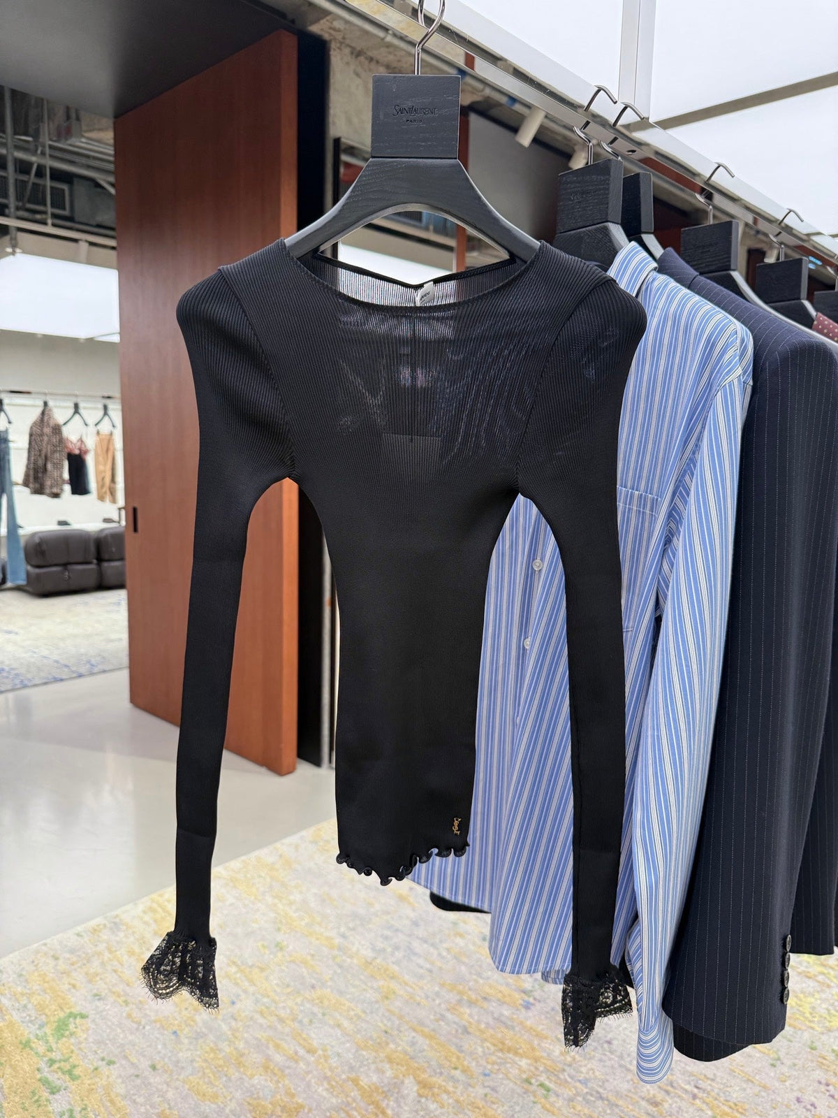 YSL Lace-Trimmed Ribbed-Knit Long-Sleeve Top Black Silk