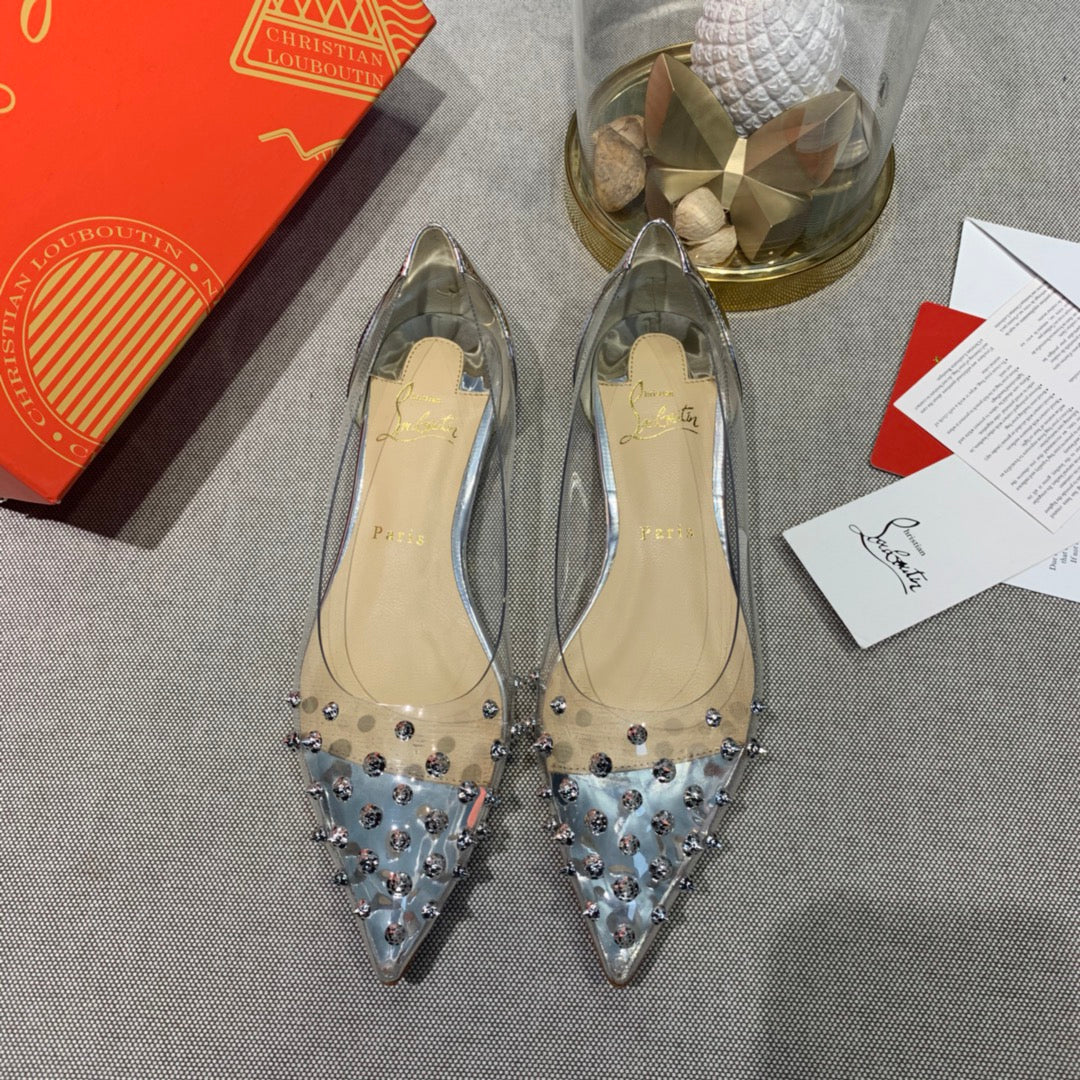 CL Collaclou Spike Clear Flat Embellished Pvc and Metallic Leather Silver
