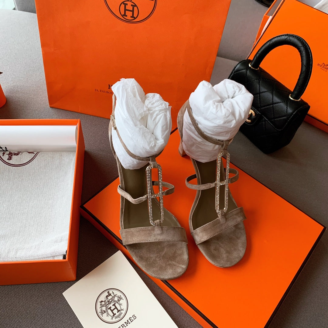 HM Icone Crystal Sandals 60mm Brown Taupe Suede 546252