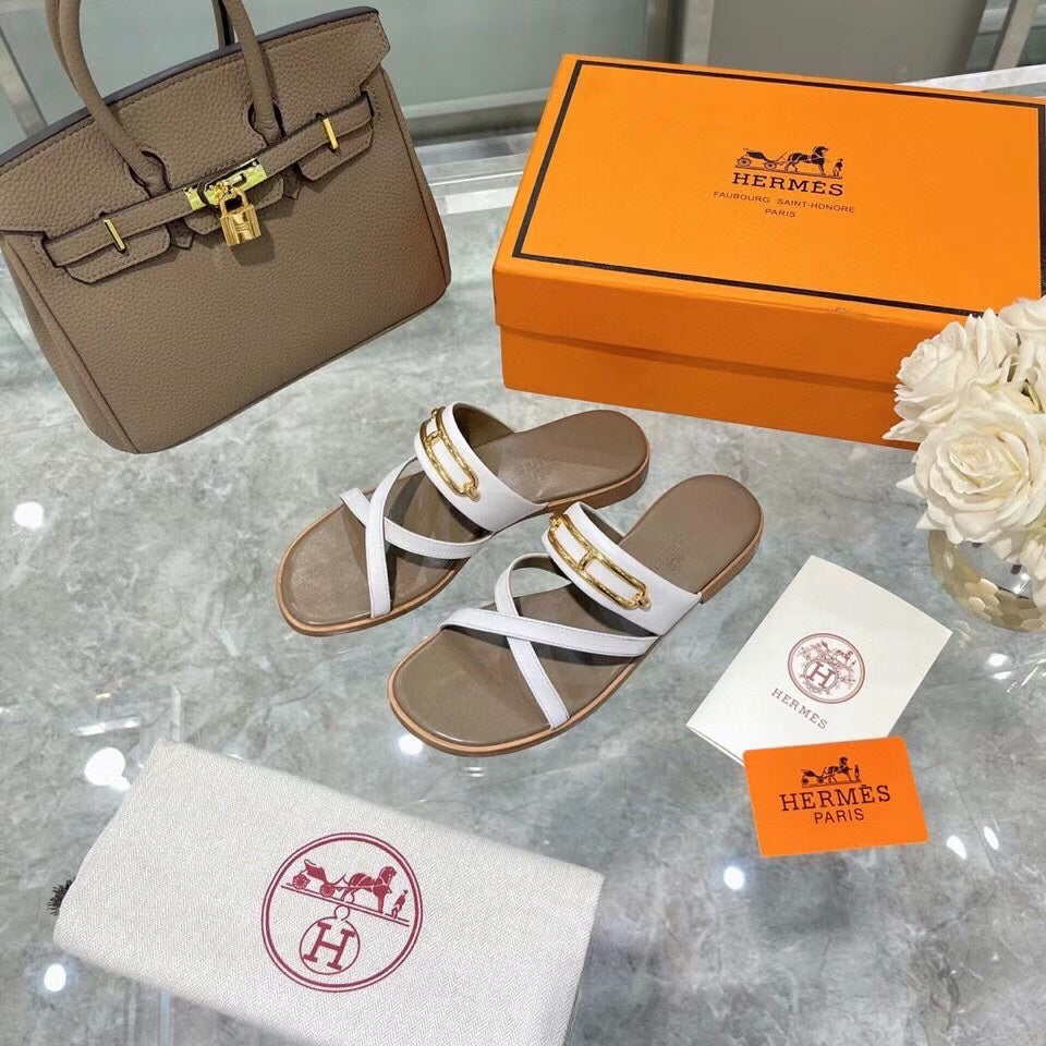 HM Claire Slippers Brown White Cowhide 546093