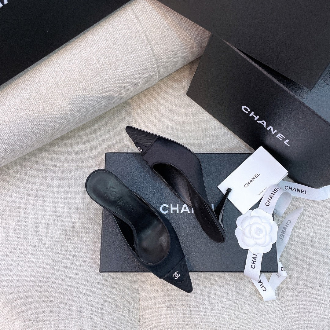 Chanel 26s Mules 8cm Black Grosgrain Satin 156621