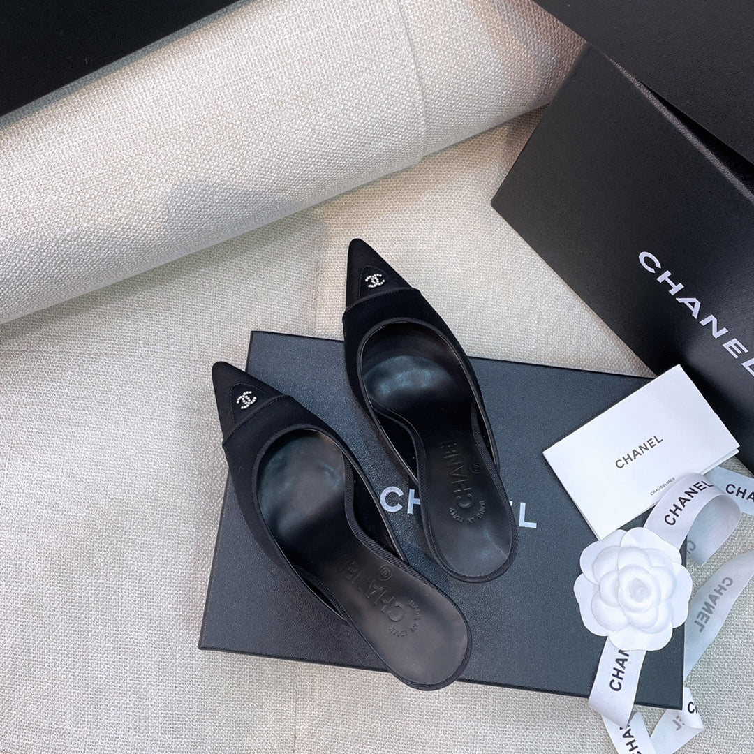 Chanel 26s Mules 8cm Black Grosgrain Satin 156621