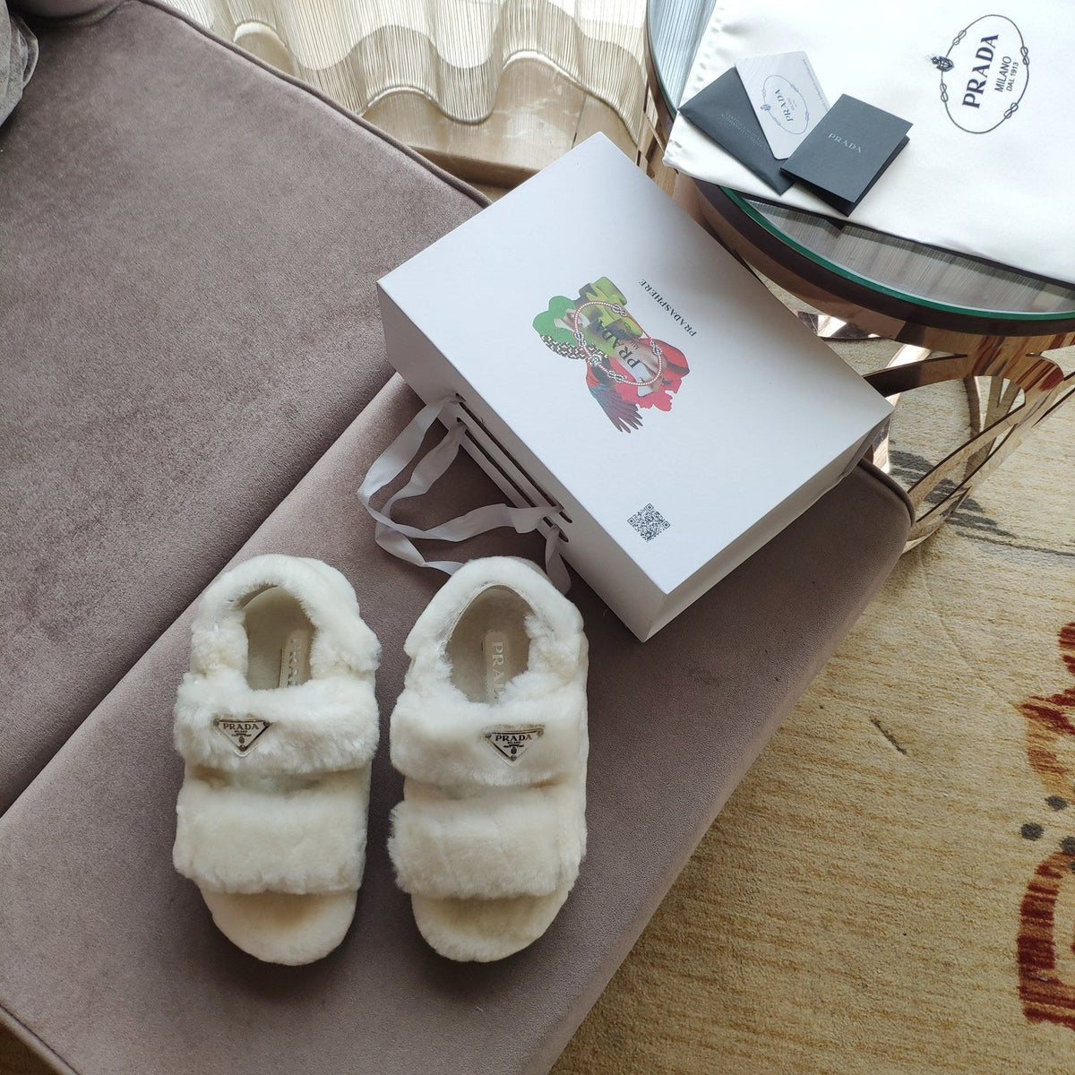 Prada 26s Triangle Logo Slides Flat Cream Shearling Sandals 109444