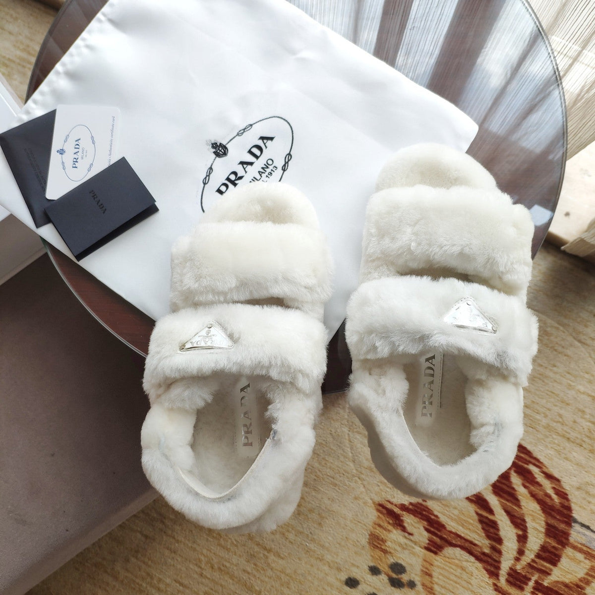 Prada 26s Triangle Logo Slides Flat Cream Shearling Sandals 109444