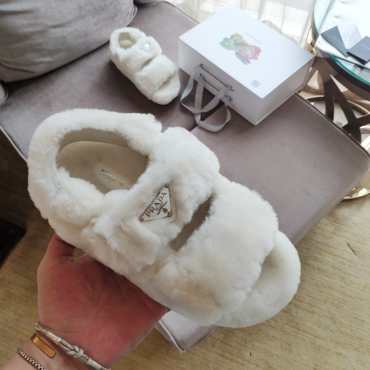 Prada 26s Triangle Logo Slides Flat Cream Shearling Sandals 109444