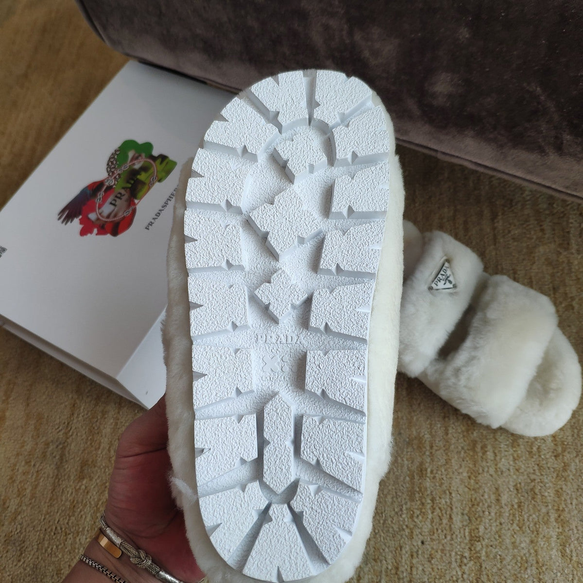 Prada 26s Triangle Logo Slides Flat Cream Shearling Sandals 109444