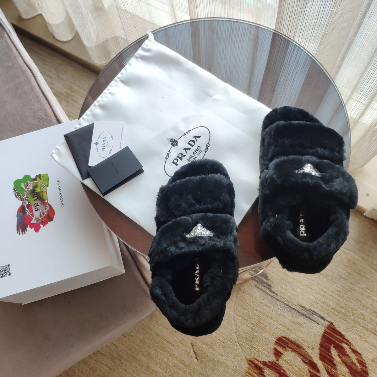 Prada 26s Triangle Logo Slides Flat Black Shearling Sandals 109445
