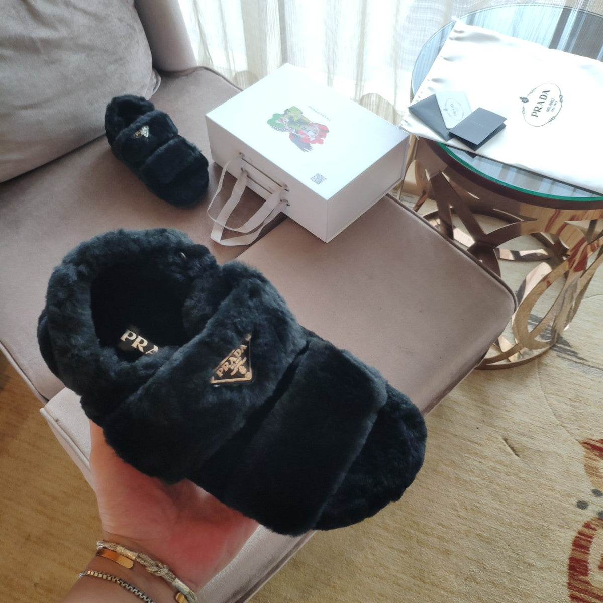 Prada 26s Triangle Logo Slides Flat Black Shearling Sandals 109445
