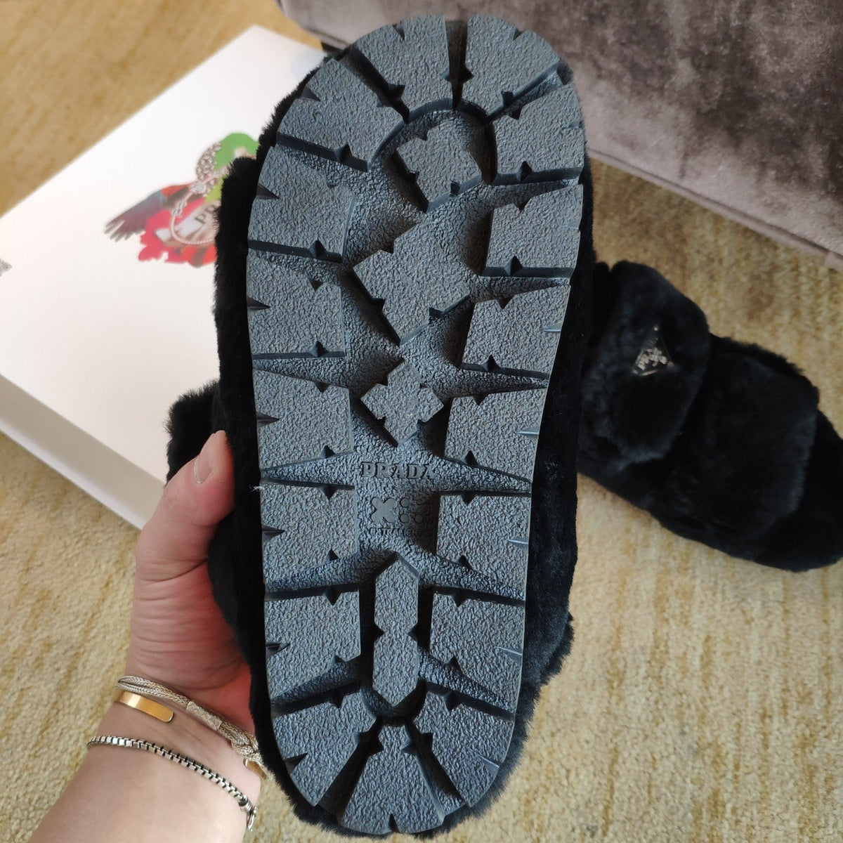 Prada 26s Triangle Logo Slides Flat Black Shearling Sandals 109445