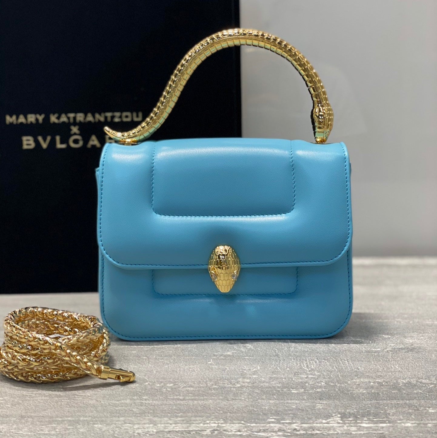 BVL Serpenti Mary Katrantzou Top Handle 19cm Sky Blue Lambskin GHW 188688