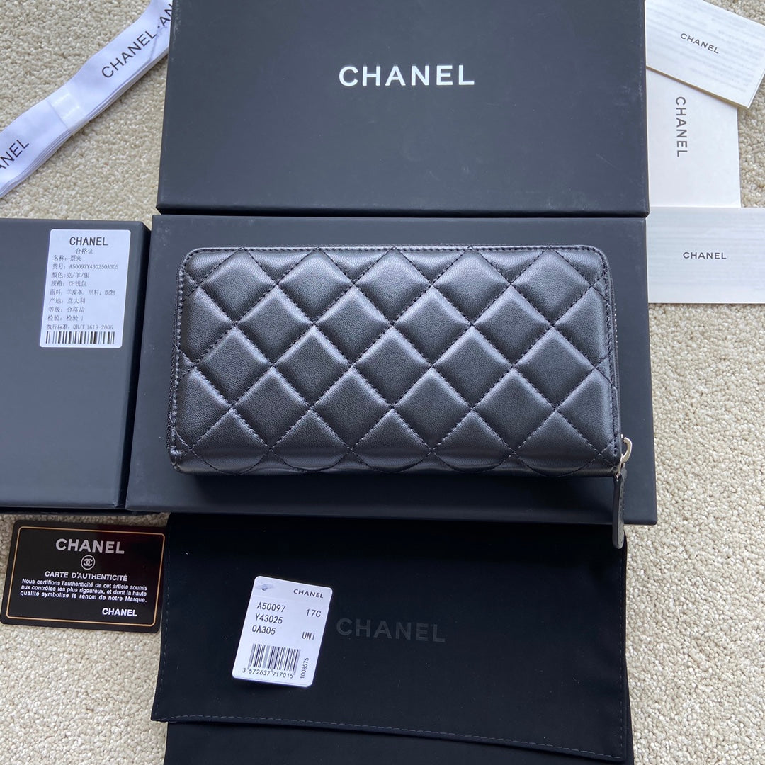 CC A50097 Classic Zipper Wallet Black Lambskin Sliver Steel 229660