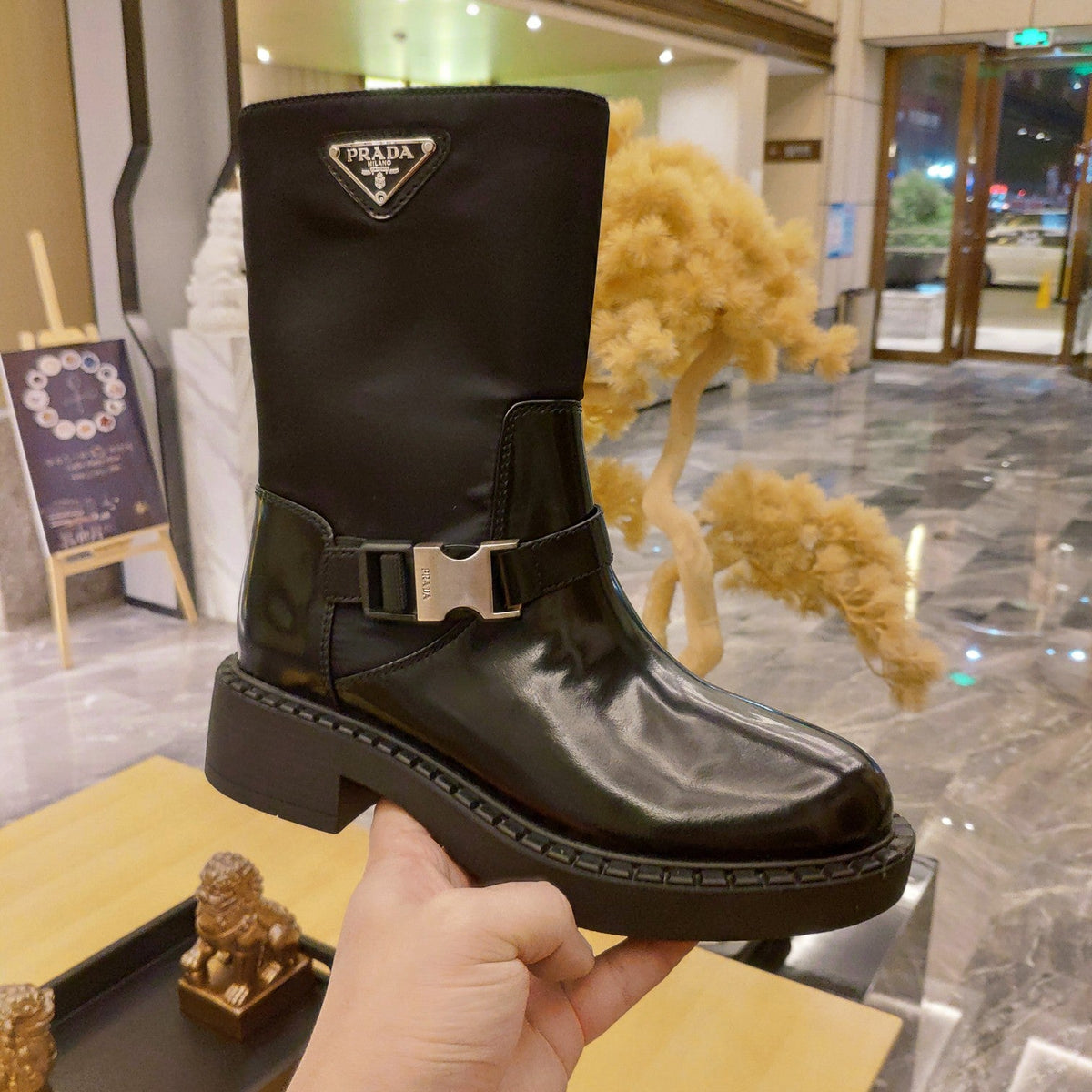 Prada 26s Buckle Triangle Logo Boots 5cm Black Nylon Patent Leather 109440
