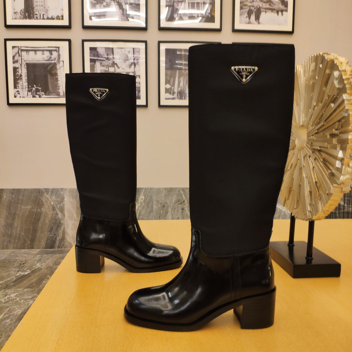 Prada 26s Triangle Logo Knee-High Boots 5.5cm Black Nylon Patent Leather 109441