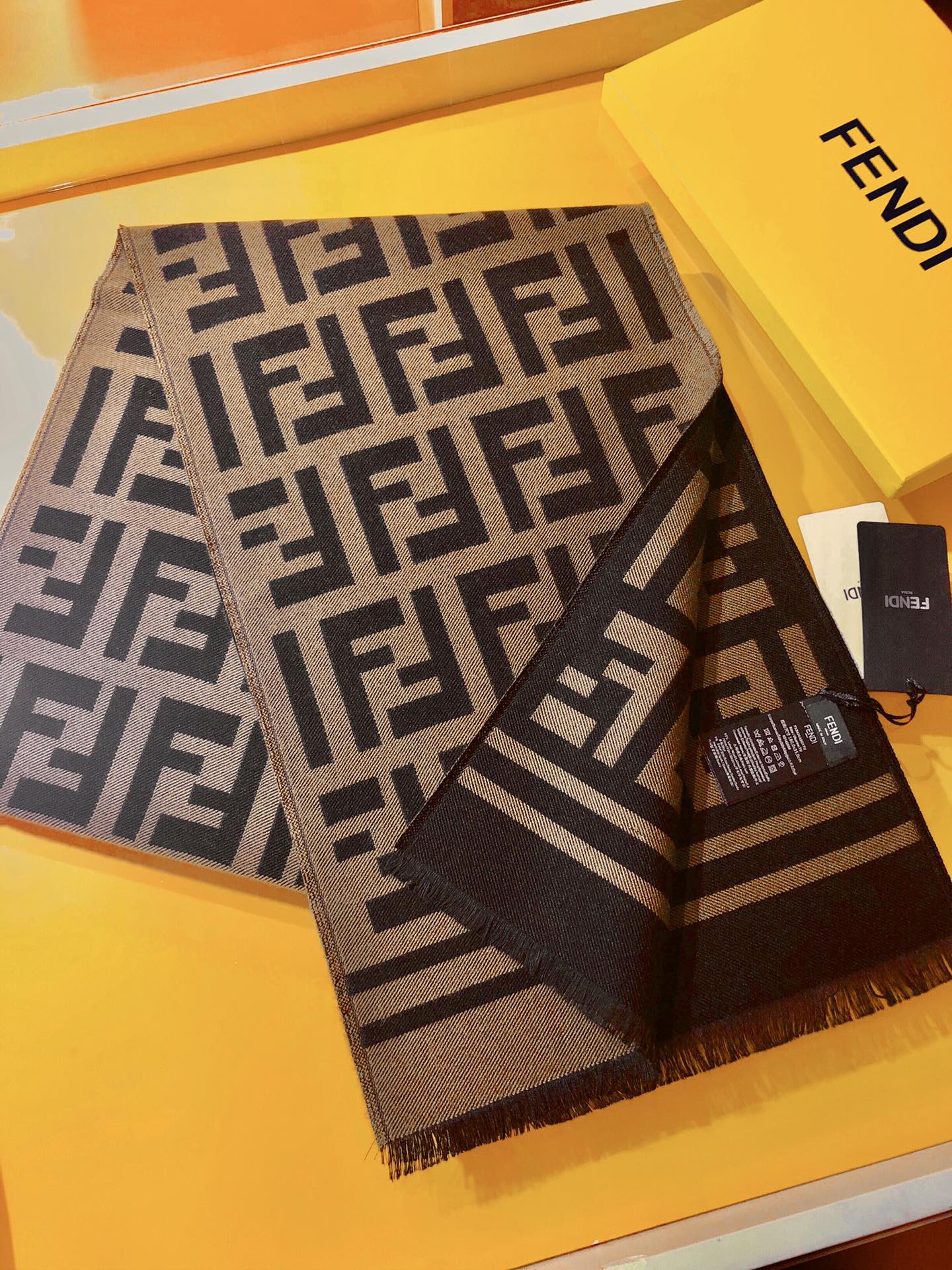Fendi FF Monogram 180x45cm Brown Black Wool 136601