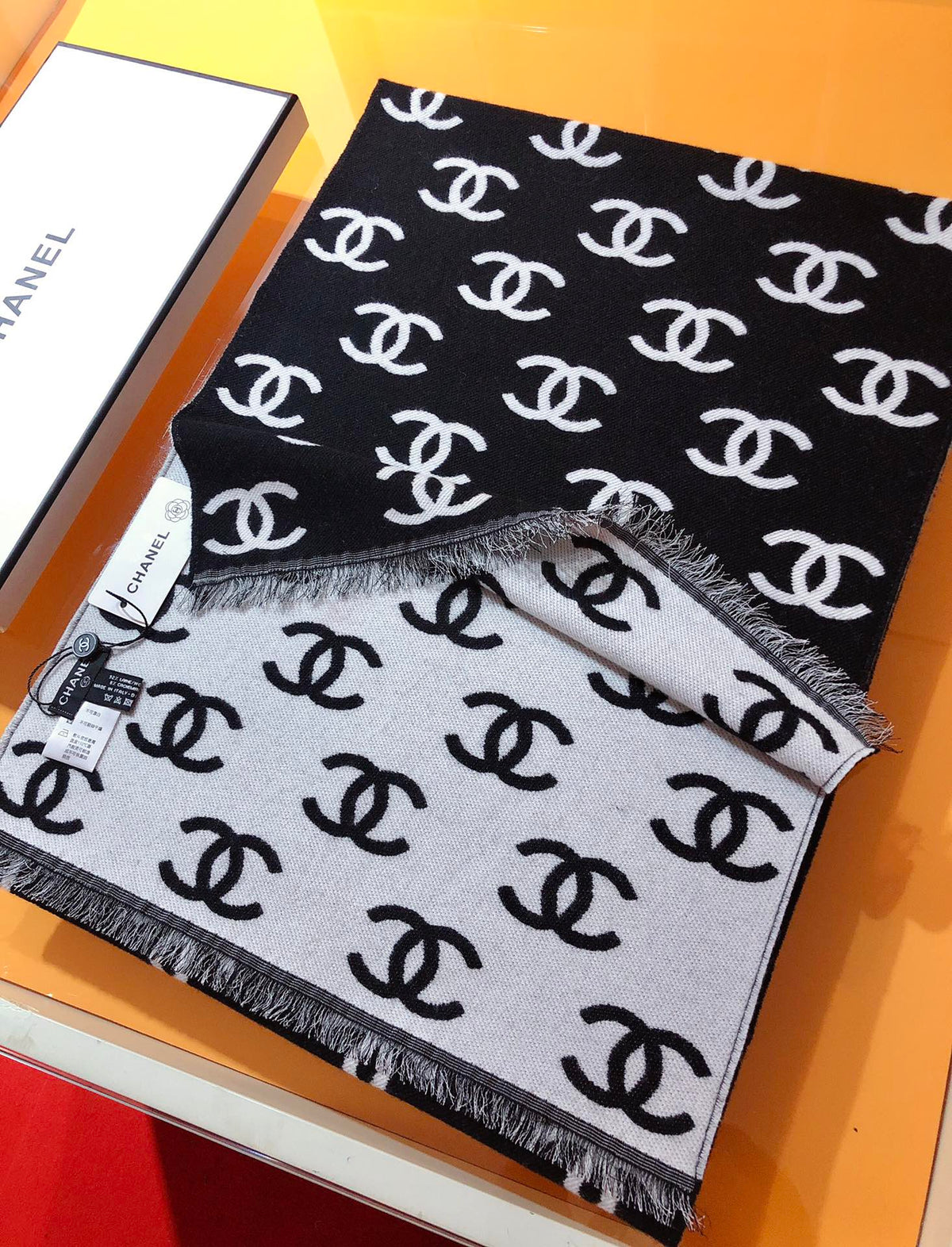 CC 26s Black White CC Monogram Fringe Scarf 38x190cm 534742