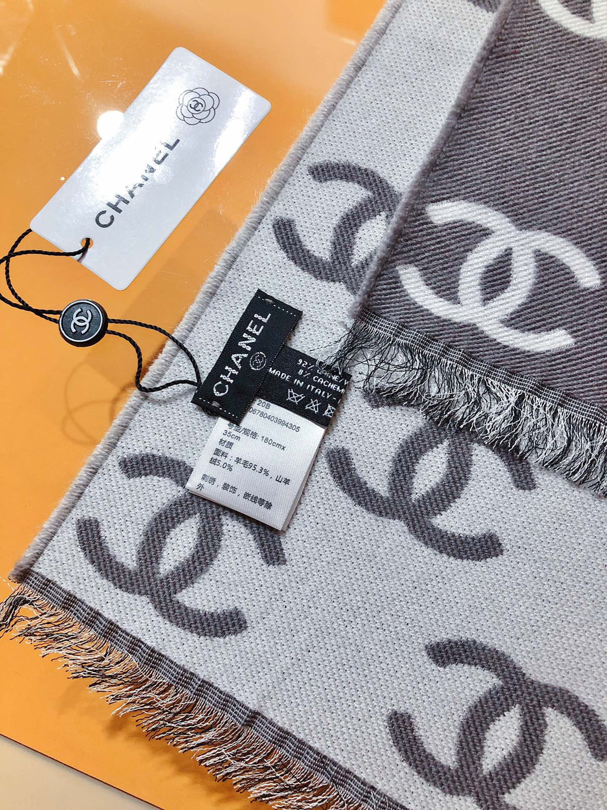 CC 26s Grey White CC Monogram Fringe Scarf 38x190cm 534741