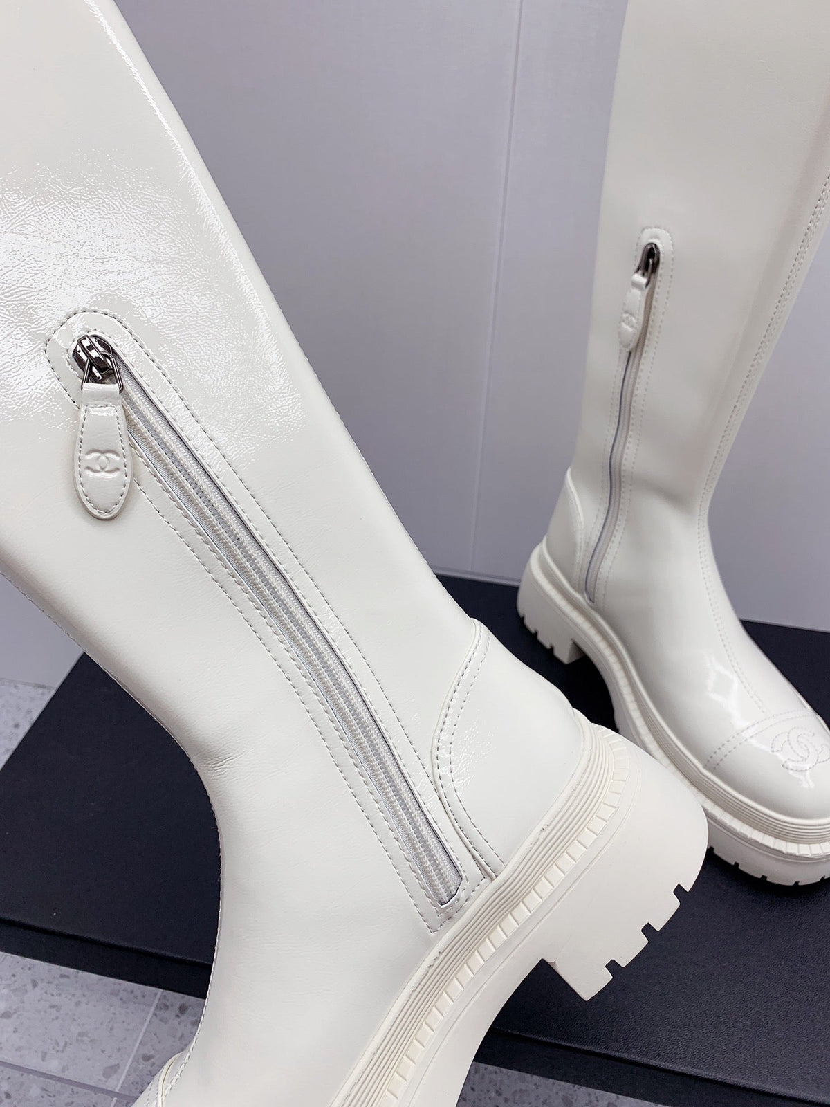 CC 2026 Logo Chunky Platform Knee-High Boots White Leather 161598