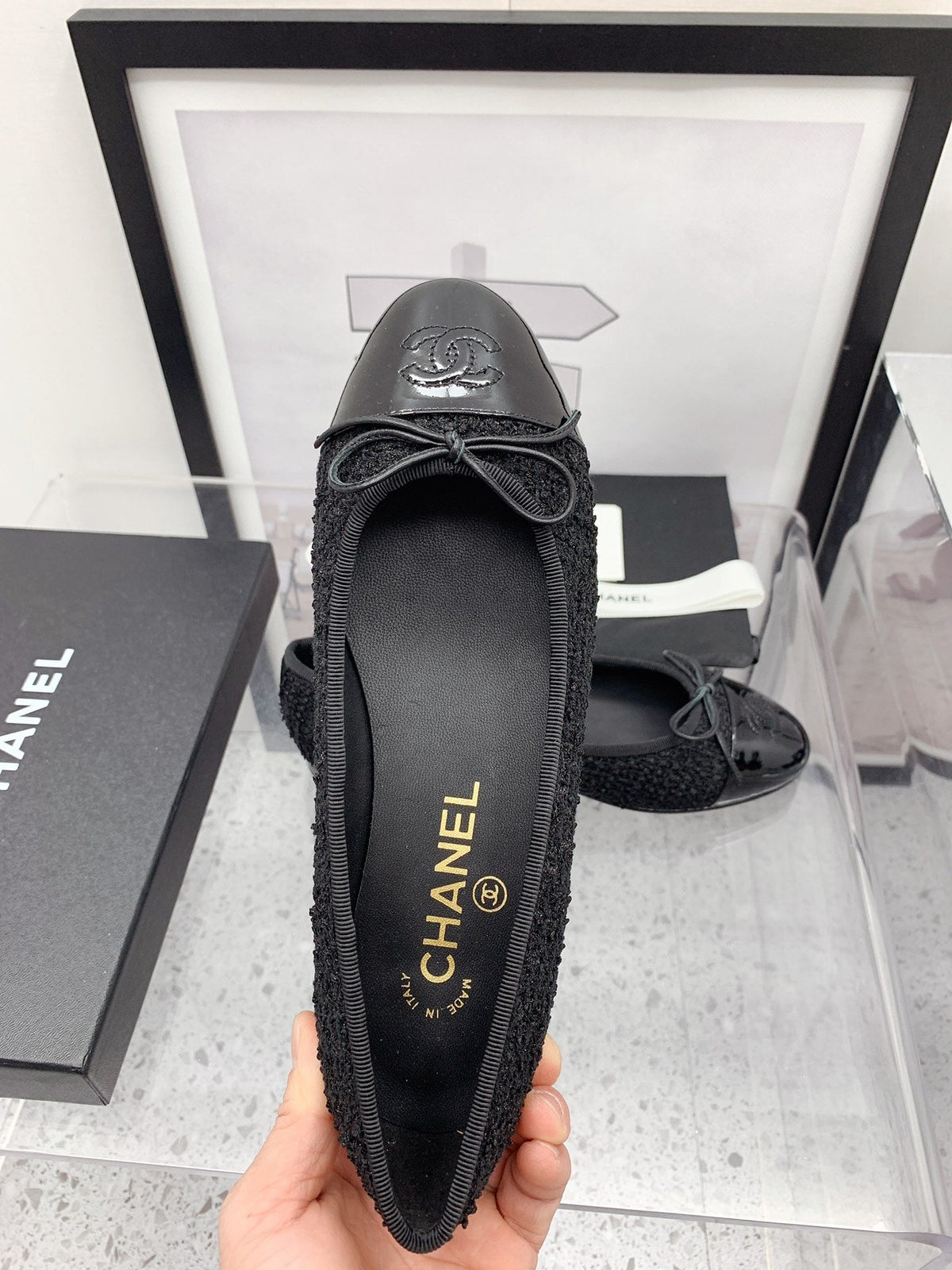 CC 2026 Logo Ballet Flats Black Tweed Patent Leather 161604