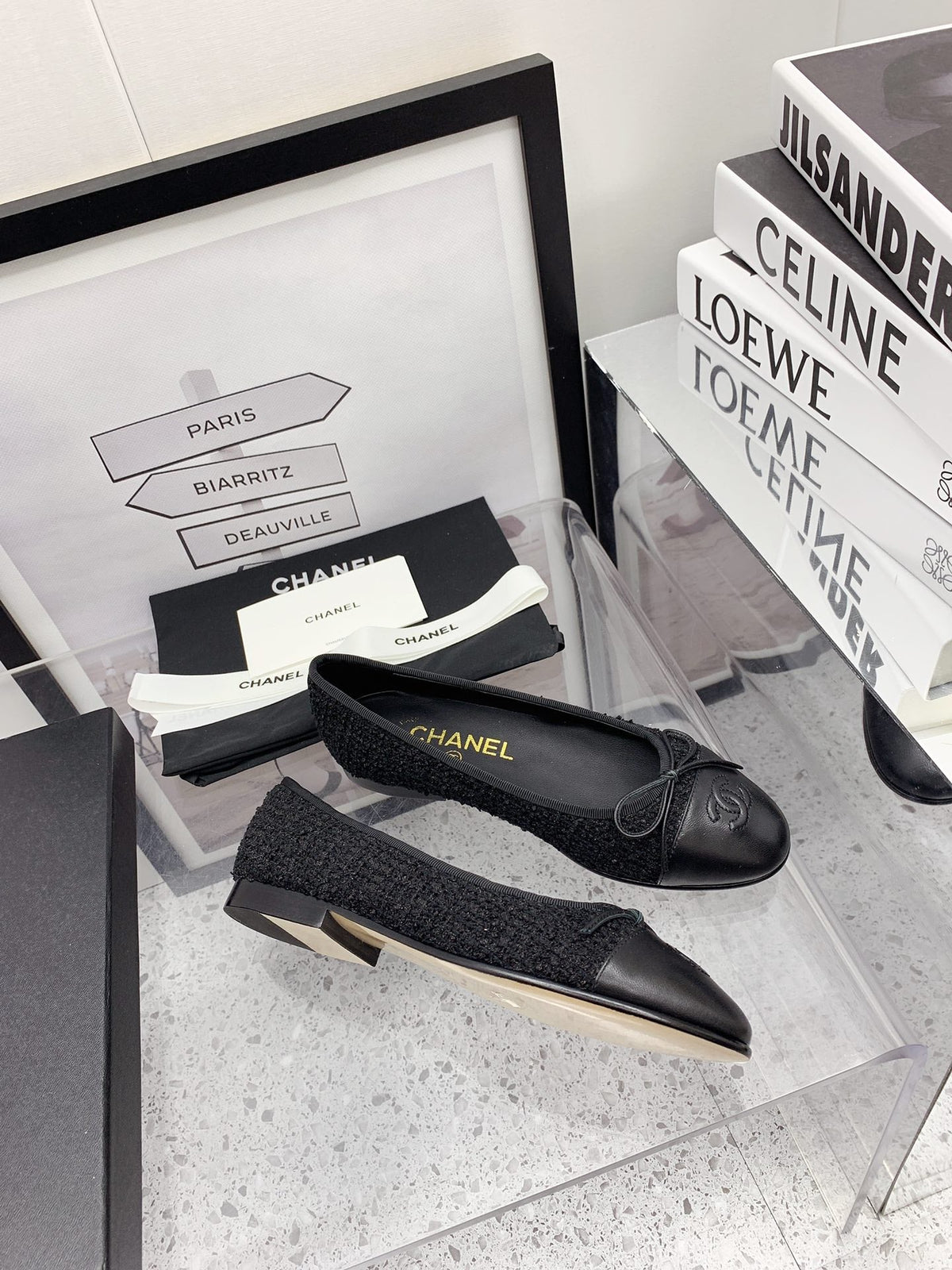 CC 2026 Logo Ballet Flats Black Tweed Leather 161605