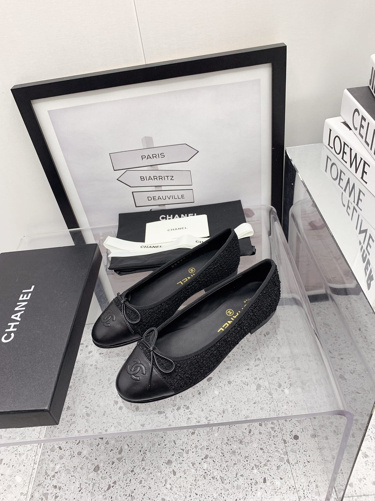 CC 2026 Logo Ballet Flats Black Tweed Leather 161605
