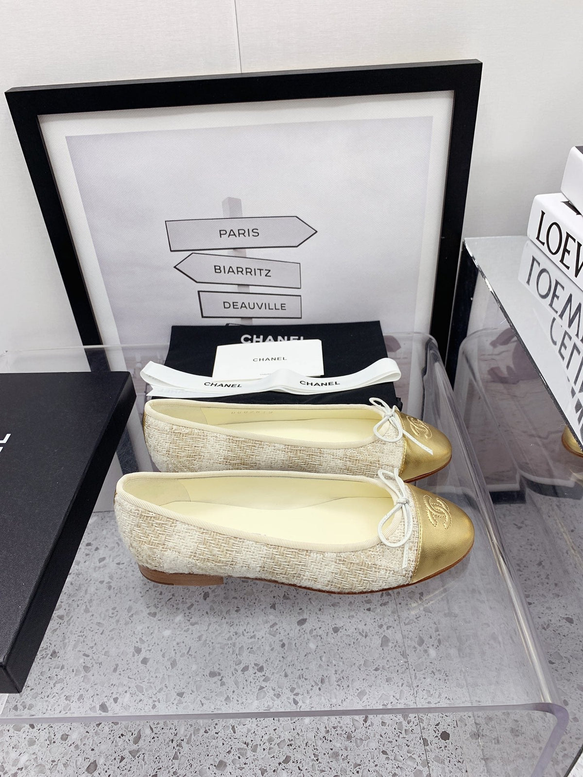 CC 2026 Logo Ballet Flats Cream Tweed Gold Leather 161607