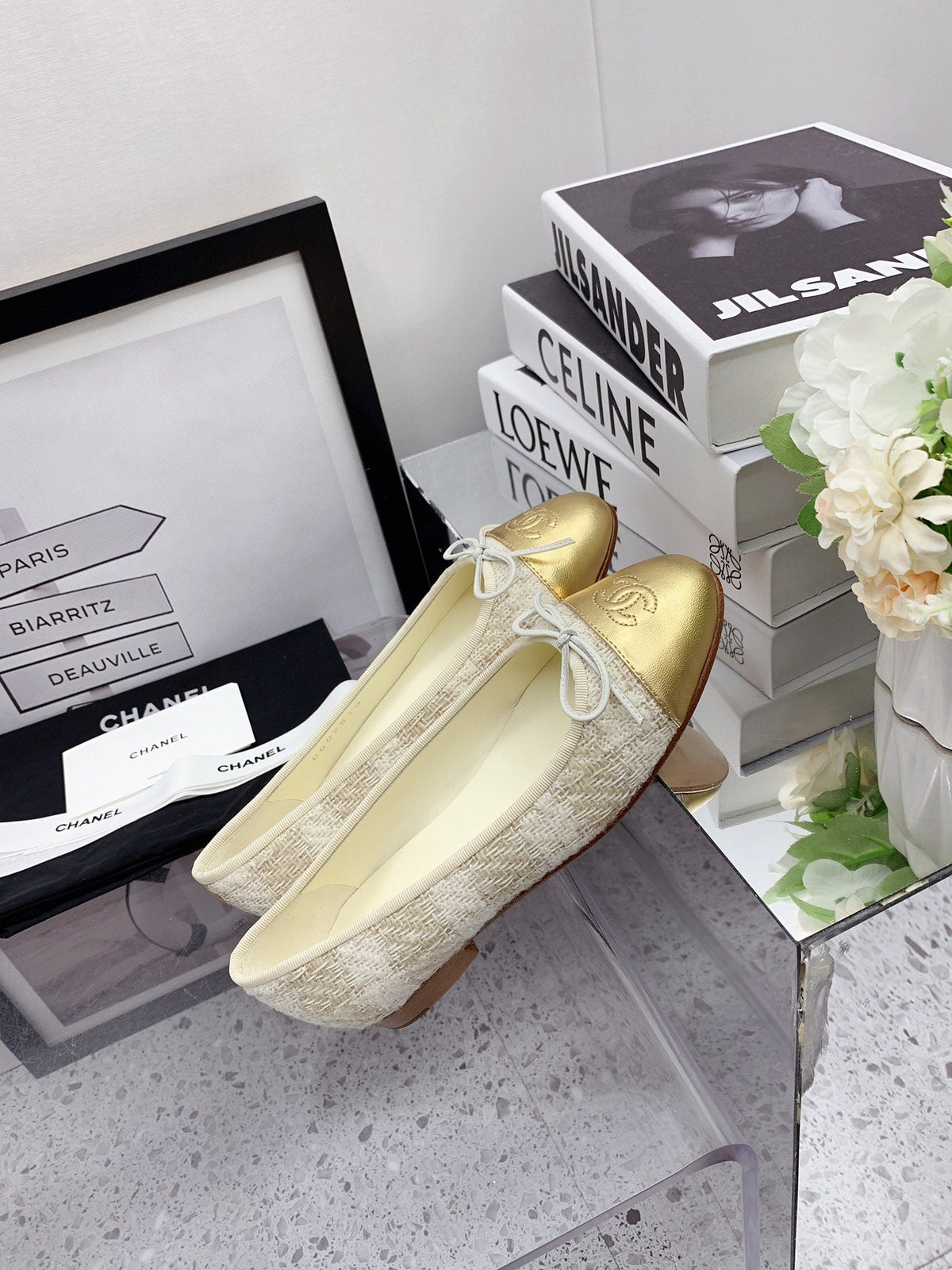 CC 2026 Logo Ballet Flats Cream Tweed Gold Leather 161607