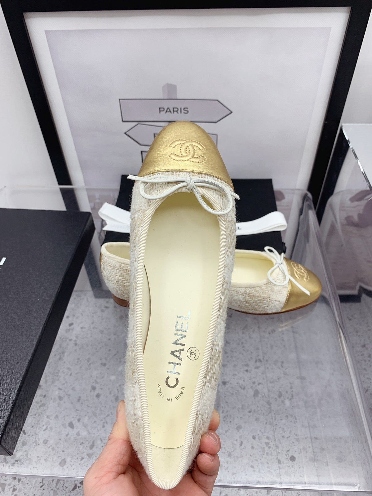 CC 2026 Logo Ballet Flats Cream Tweed Gold Leather 161607