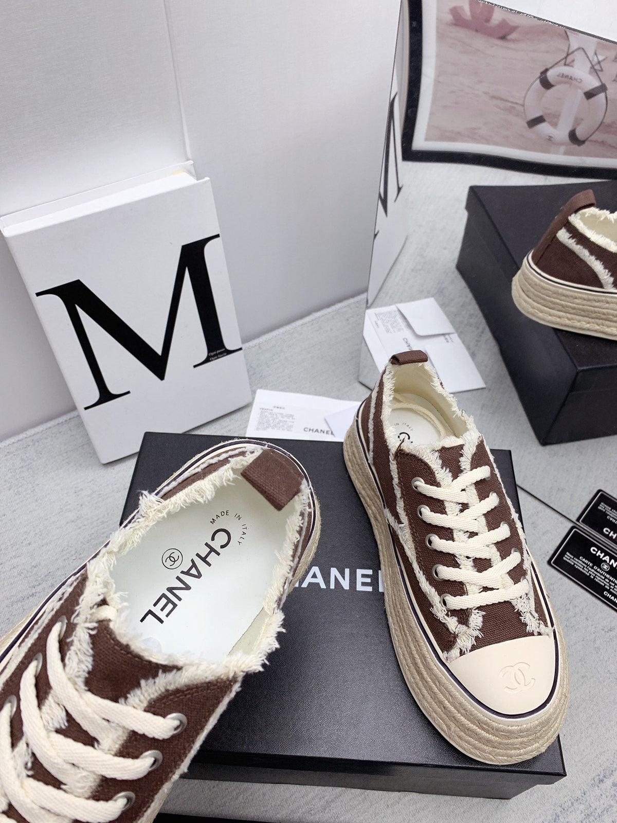 CC 2026 Logo Platform Sneakers Brown Fringed Trim Canvas 161703