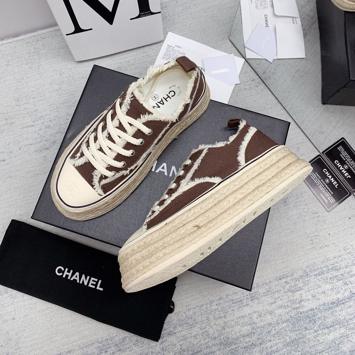 CC 2026 Logo Platform Sneakers Brown Fringed Trim Canvas 161703