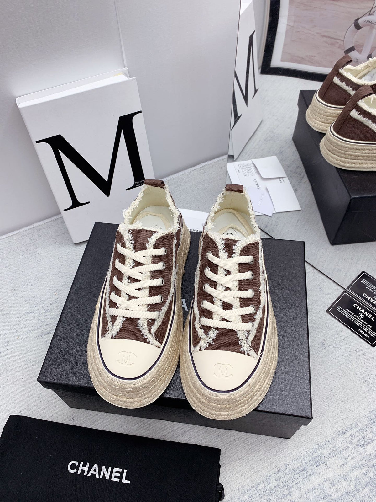 CC 2026 Logo Platform Sneakers Brown Fringed Trim Canvas 161703