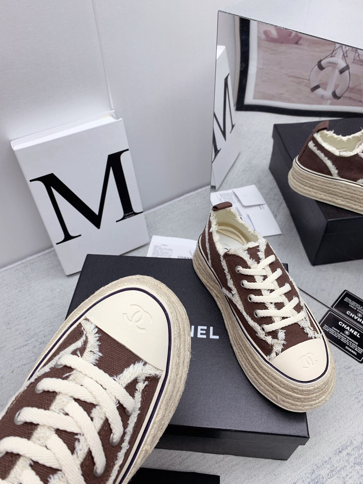 CC 2026 Logo Platform Sneakers Brown Fringed Trim Canvas 161703