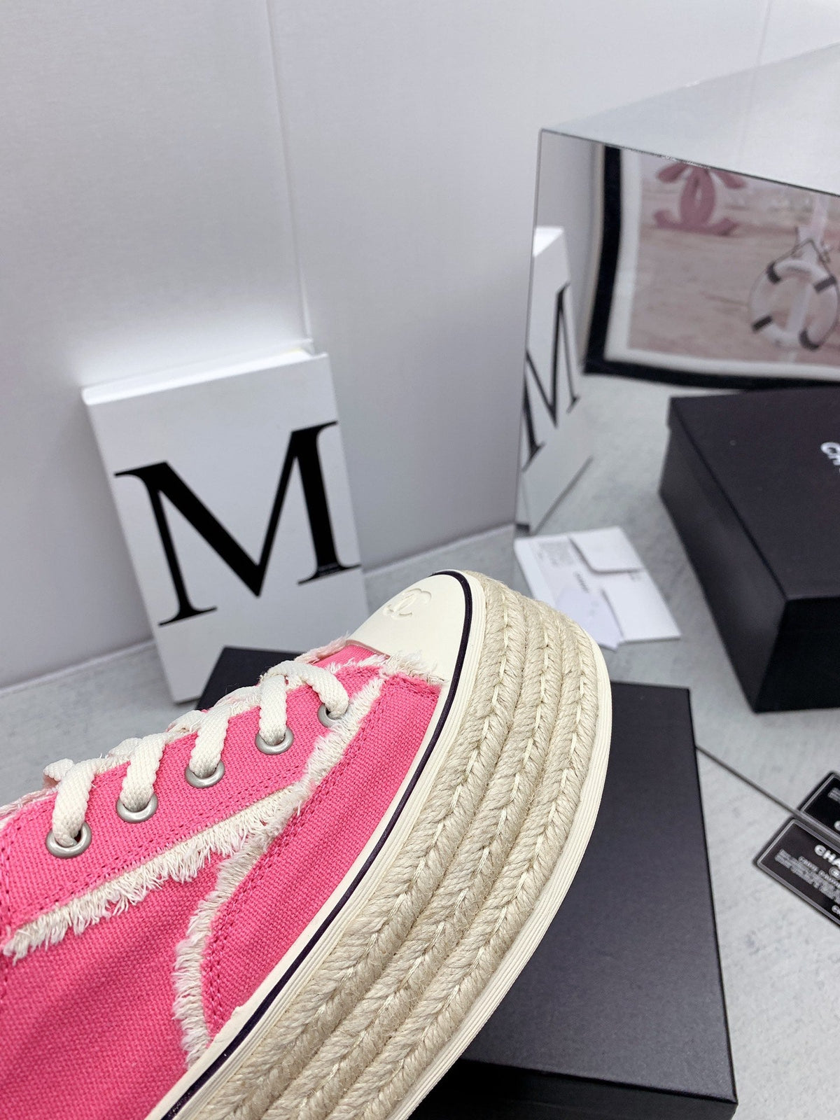 CC 2026 Logo Platform Sneakers Pink Fringed Trim Canvas 161702